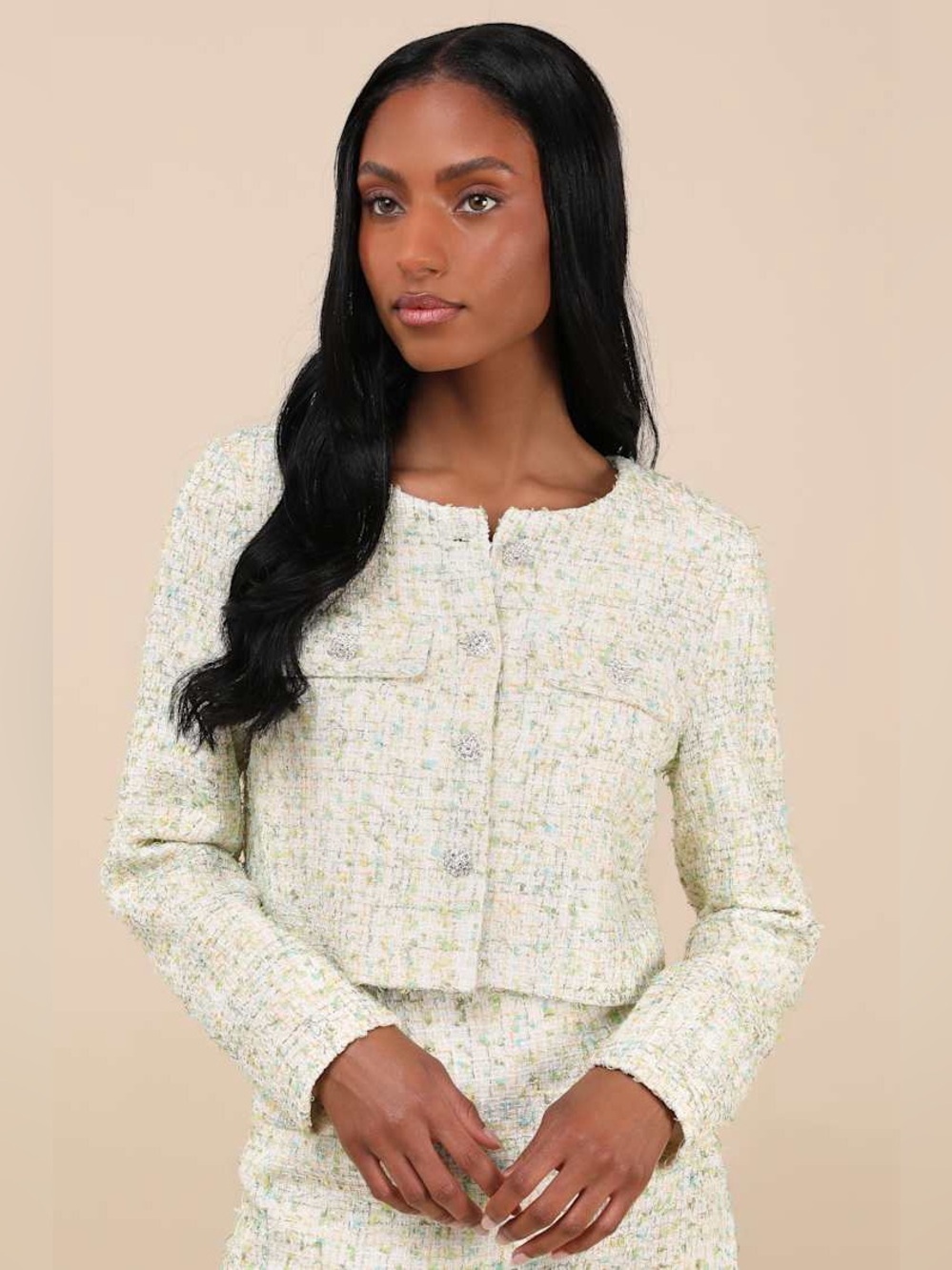 Lulus Carlena Green Tweed Rhinestone Button-Front Blazer